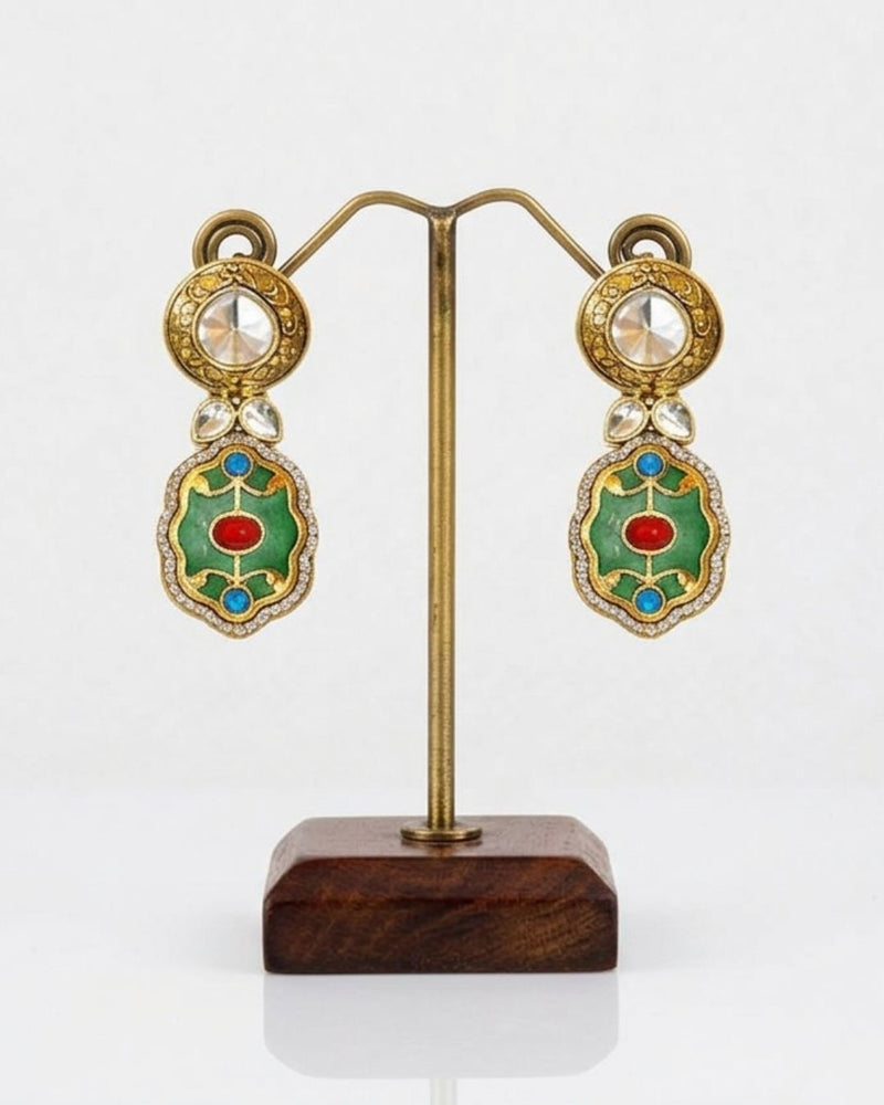 Detailed view of Rang Mahal multi-color 18K gold plated Kundan bridal choker set earrings