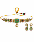 Rang Mahal Pink and Green Kundan choker with matching earrings for bridal and festive styling