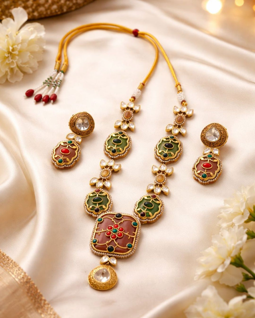 Ornate gold necklace with green and red stones on a satin surface with flowers.