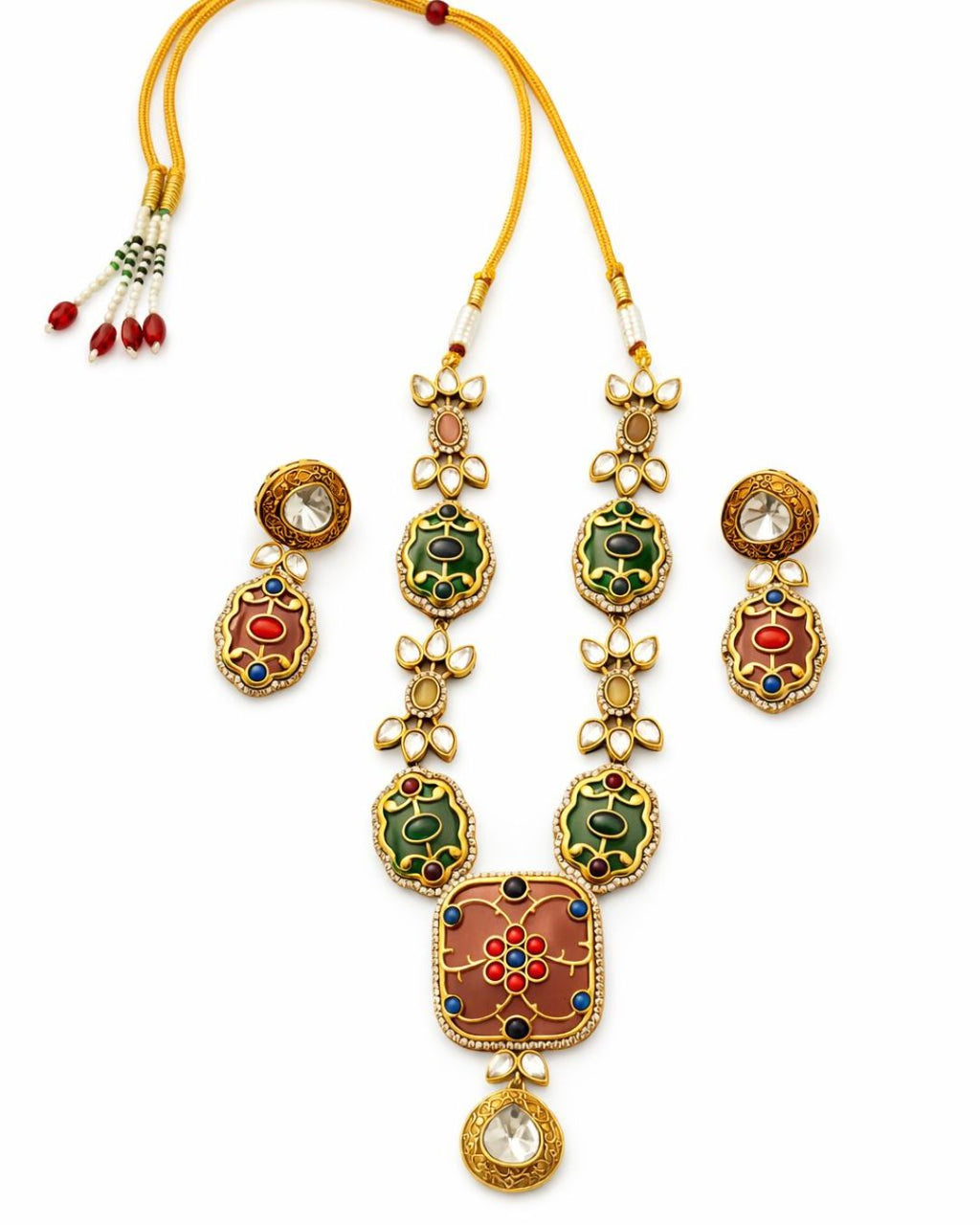 Rang Mahal Pink and Green Kundan Necklace Set with multi-color detailing and 18K gold plated bridal festive statement design