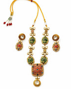 Rang Mahal Pink and Green Kundan Necklace Set with multi-color detailing and 18K gold plated bridal festive statement design