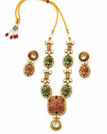 Rang Mahal Pink and Green Kundan Necklace Set with multi-color detailing and 18K gold plated bridal festive statement design