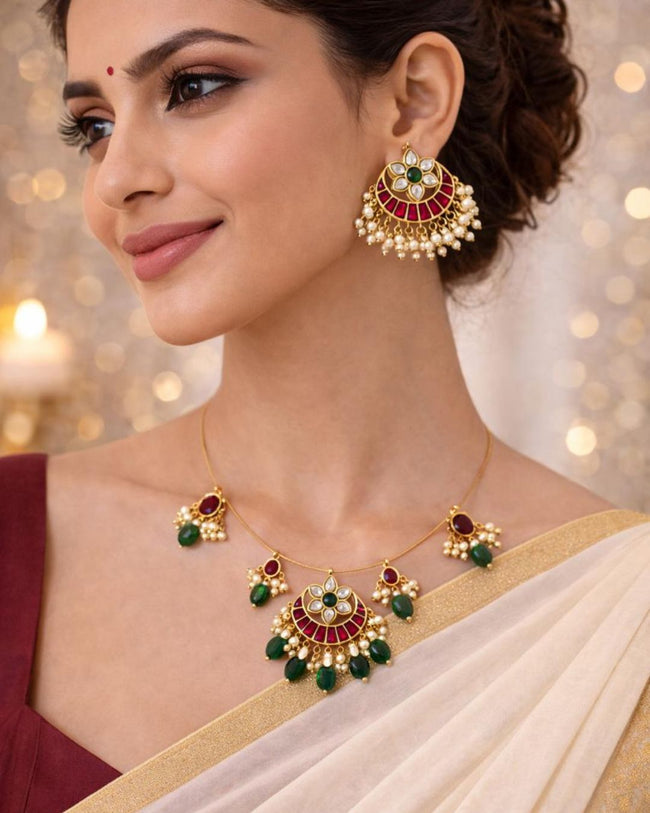 Padma Noor Traditional Wire Necklace with Kundan floral pendant, pearl charms and 18K gold plated festive design with premium waterproof pouch packaging included Hover Image
