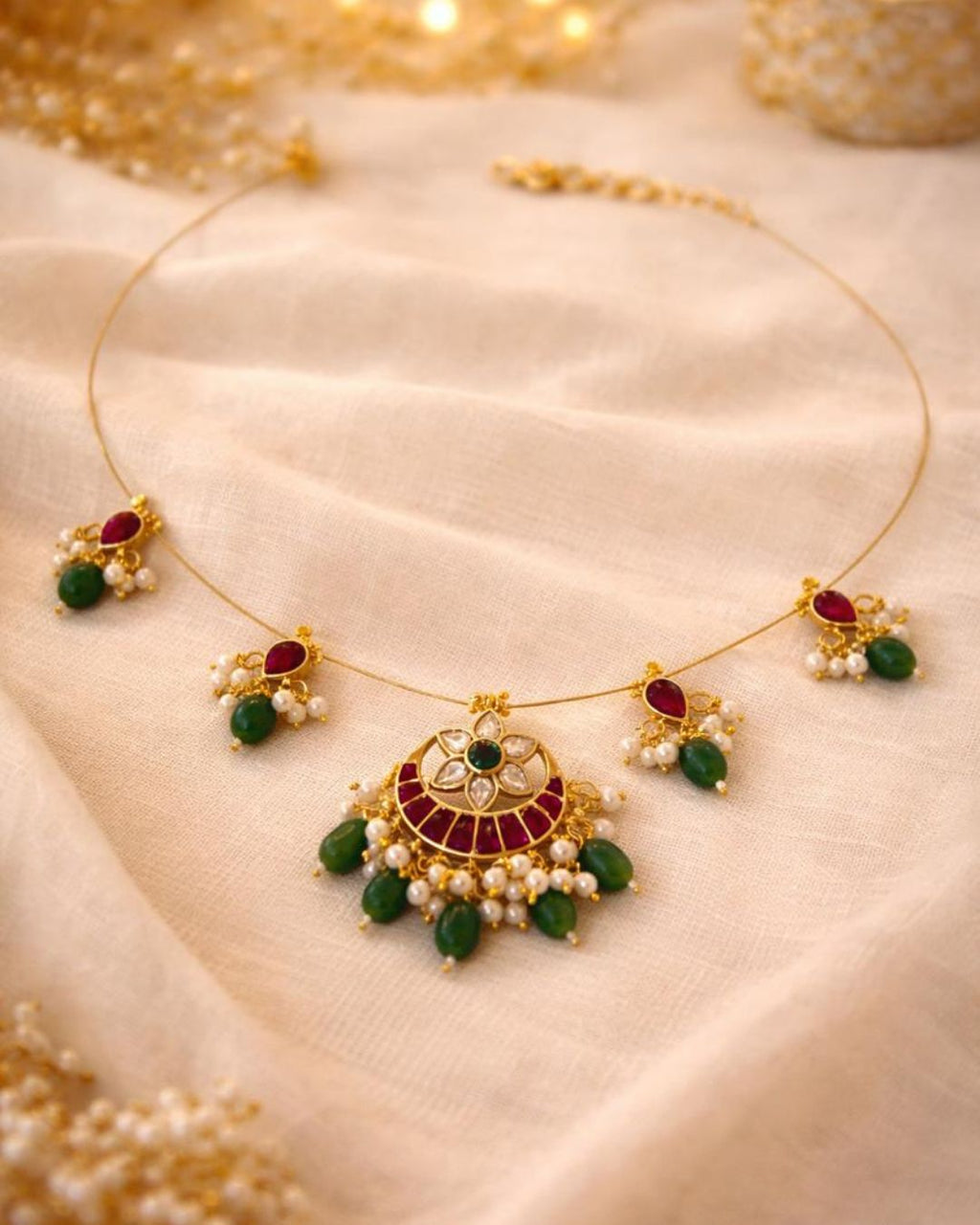 Padma Noor Traditional Wire Necklace with Kundan floral pendant, pearl charms and 18K gold plated festive design with premium waterproof pouch packaging included