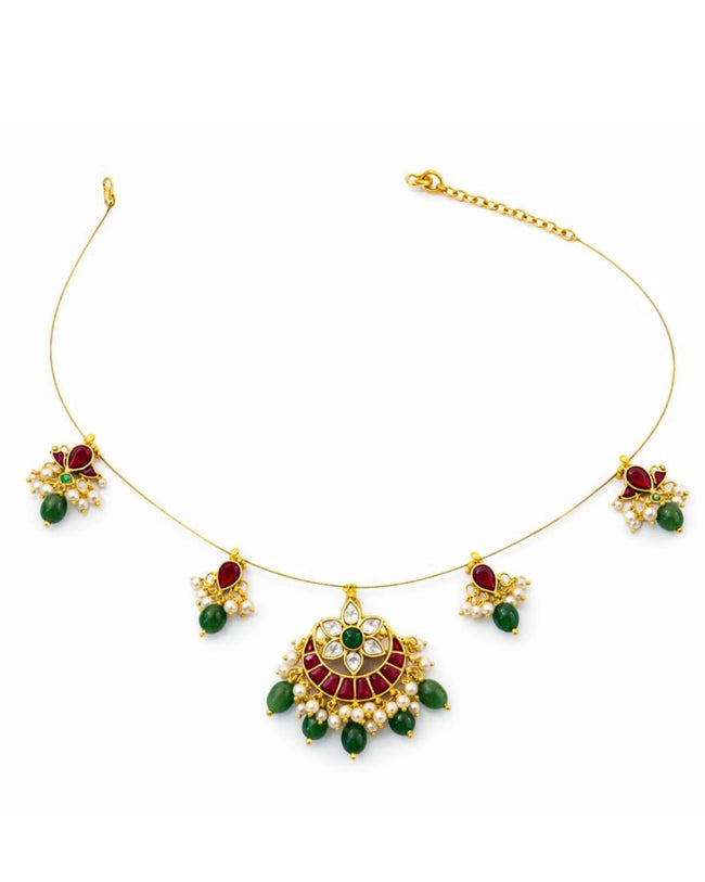Padma Noor Traditional Wire Necklace with Kundan Floral Pendant & Pearl Charms | 18K Gold Plated Festive Necklace Main Image