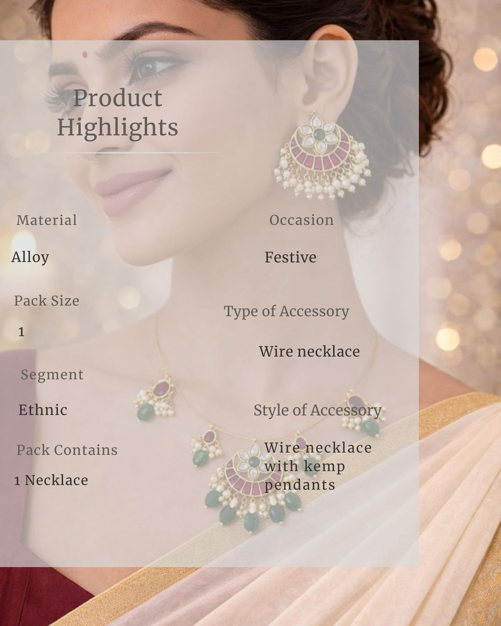 Padma Noor Traditional Wire Necklace with Kundan floral pendant, pearl charms and 18K gold plated festive design with premium waterproof pouch packaging included