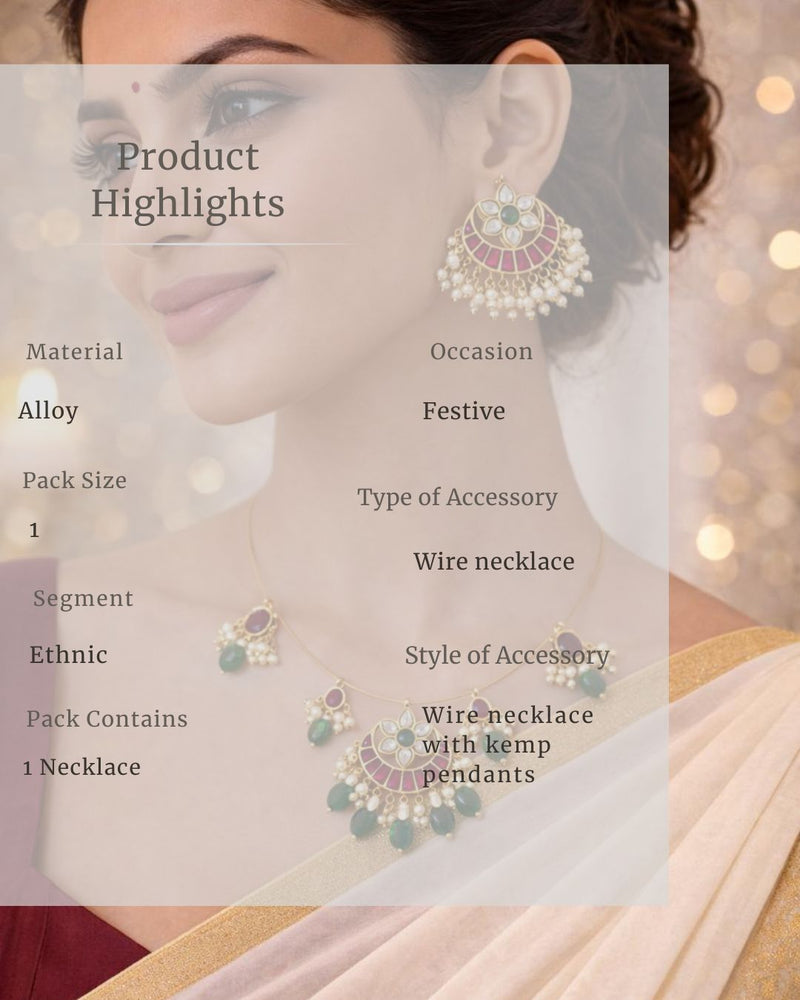 Padma Noor Traditional Wire Necklace with Kundan floral pendant, pearl charms and 18K gold plated festive design with premium waterproof pouch packaging included