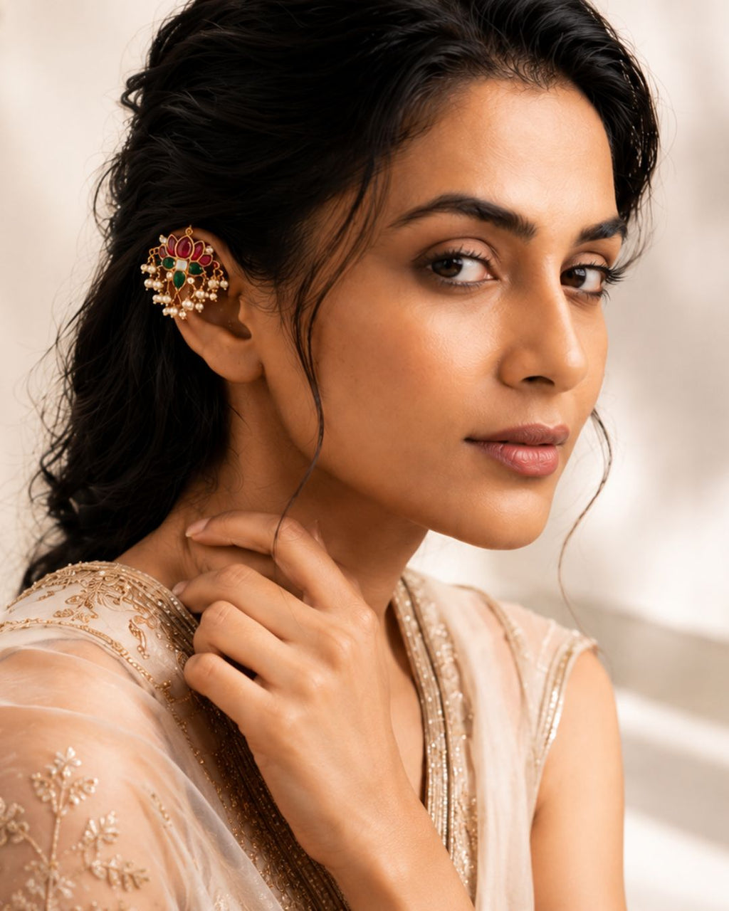 Lotus Pearl Ear Cuff styled as a traditional Bugadi for festive and bridal occasions