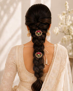 Lotus Pearl Ear Cuff worn as a hair pin with pearl drops and temple inspired craftsmanship