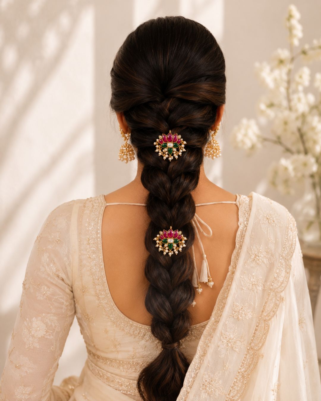 Lotus Pearl Ear Cuff worn as a hair pin with pearl drops and temple inspired craftsmanship