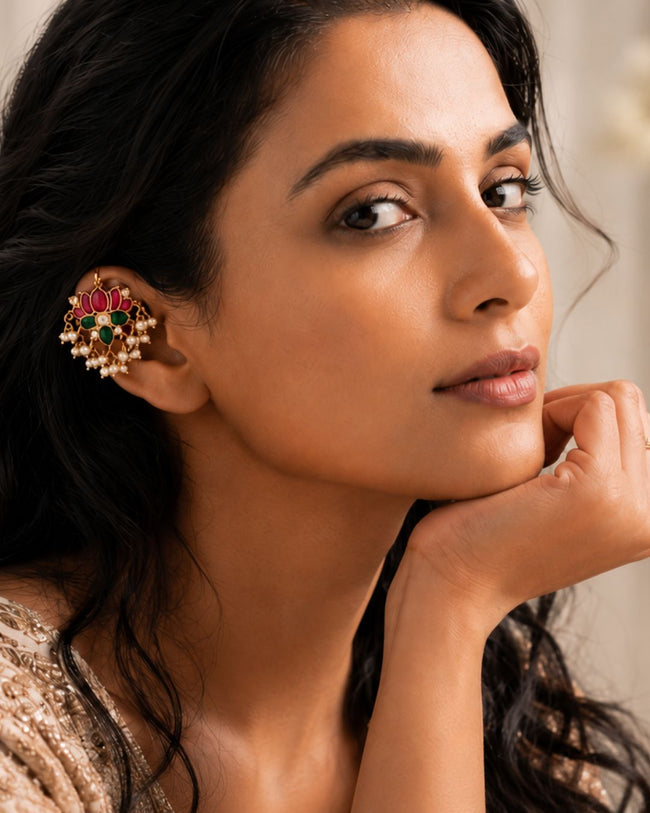 Lotus Pearl Ear Cuff | 18K Gold Plated Bugadi & Hair Pin with Red, Green & White Stones Main Image
