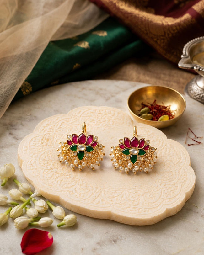 Lotus Pearl Ear Cuff with red, green and white stones, pearl drops and 18K gold plated finish Hover Image