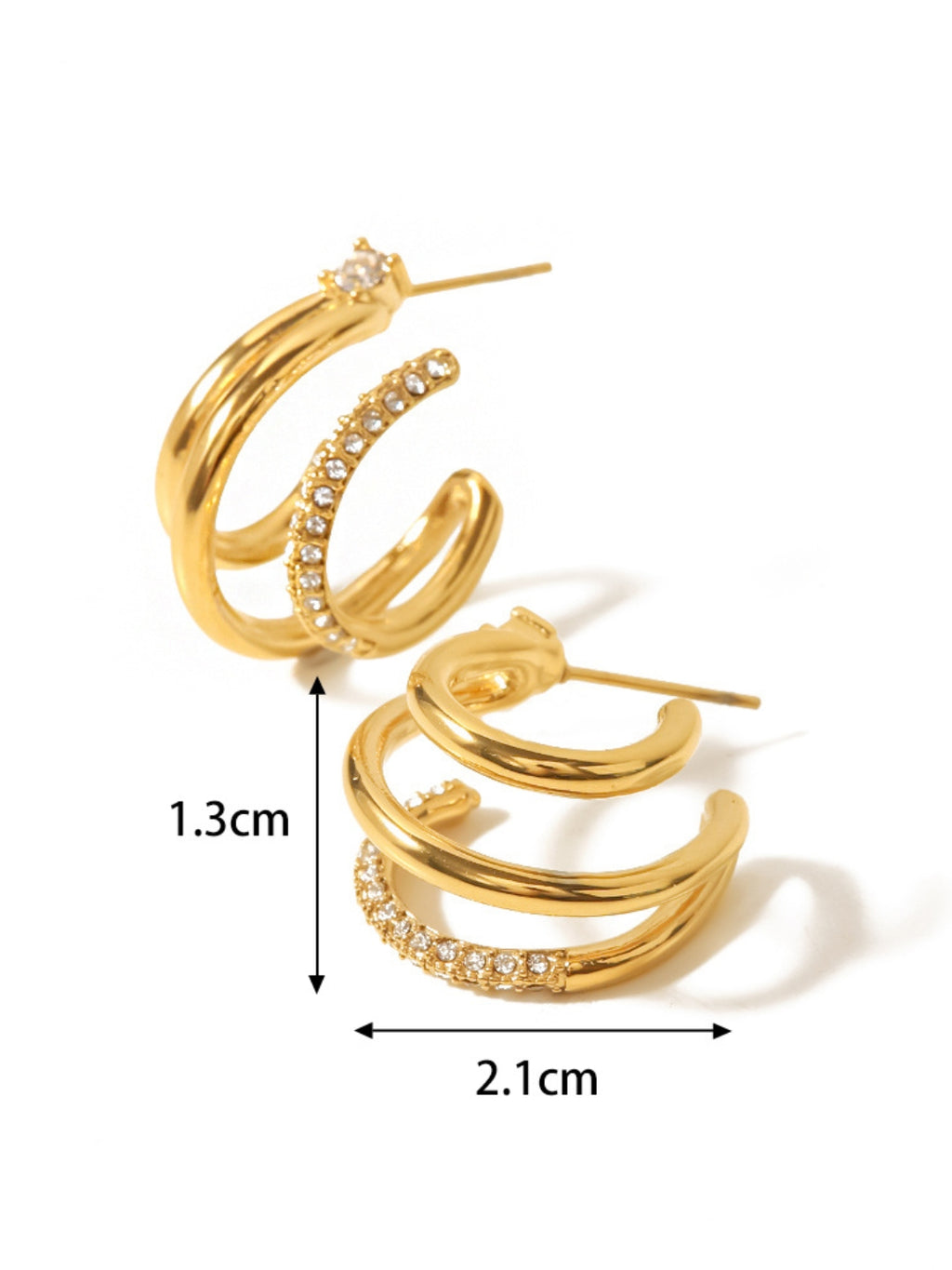 Gold hoop earrings with measurements on a white background
