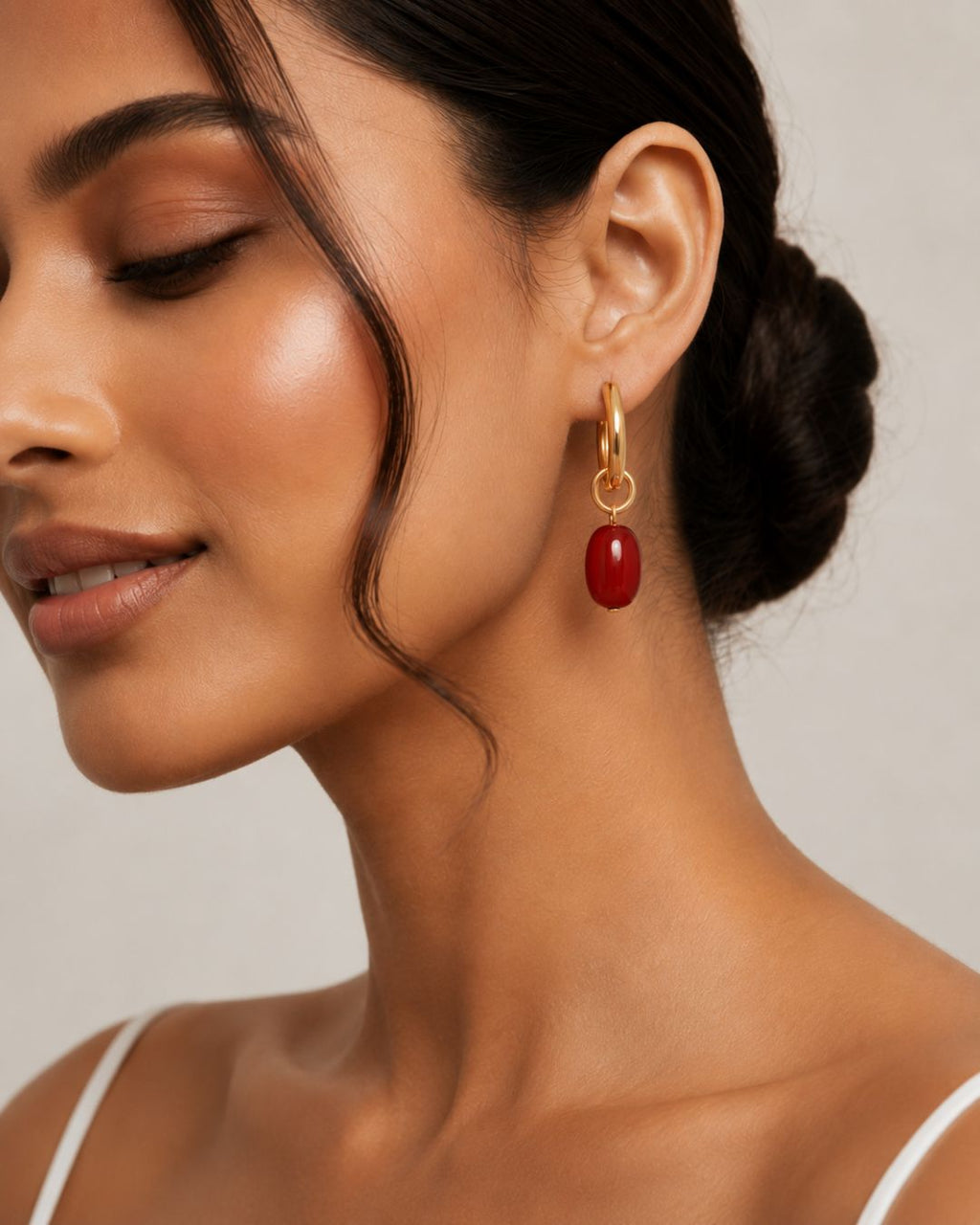 Red Dual Style Earrings with convertible hoop and drop design in gold plated finish