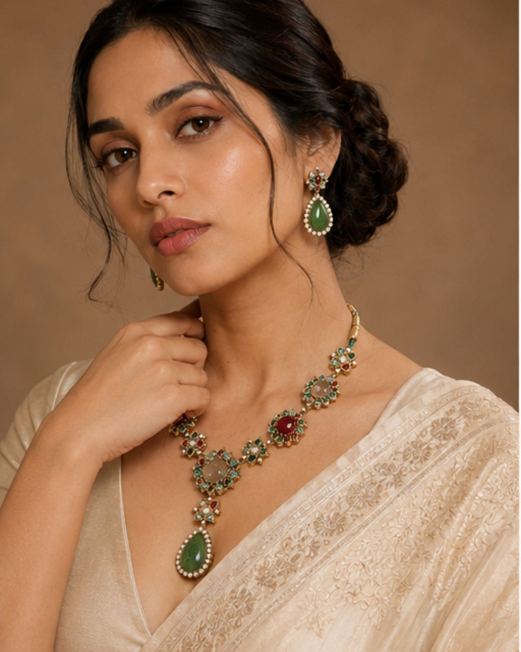 Mehrunisa Heritage Pendant Necklace Set with green pear-shaped pendant and matching earrings sabhya style