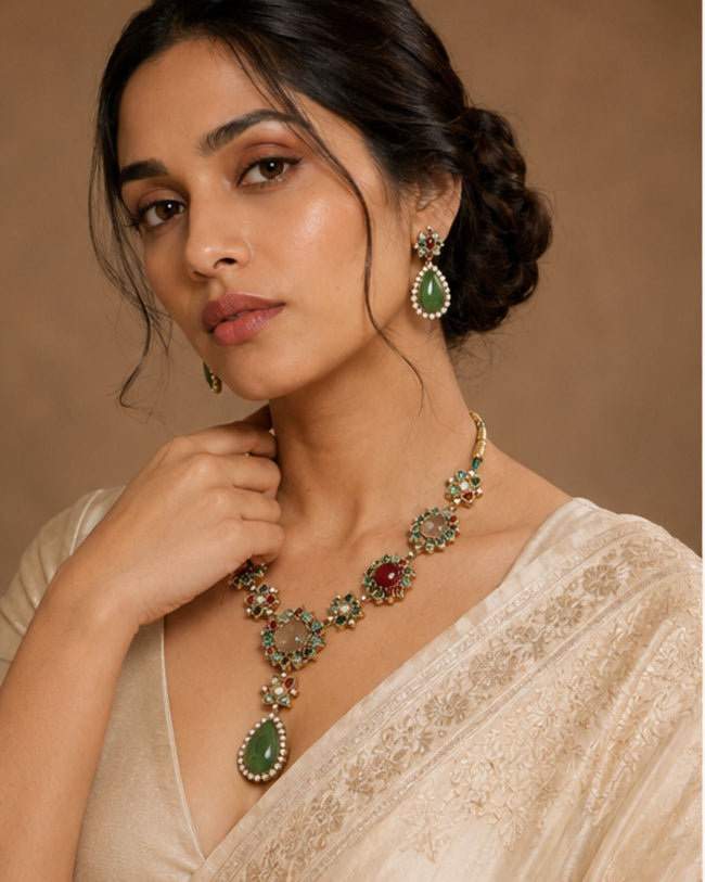 Mehrunisa Heritage Pendant Necklace Set with green pear-shaped pendant and matching earrings sabhya style Hover Image