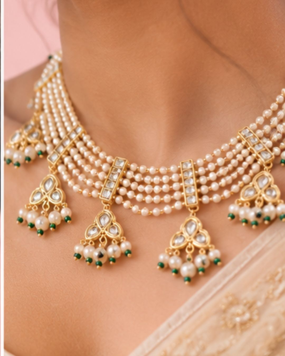 Gold plated wedding necklace set styled with ethnic attire