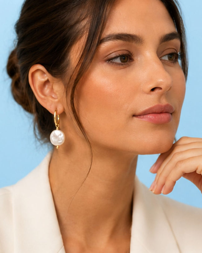 Pearl Drop Huggies | 18K Gold Plated Minimal Pearl Hoop Earrings Main Image