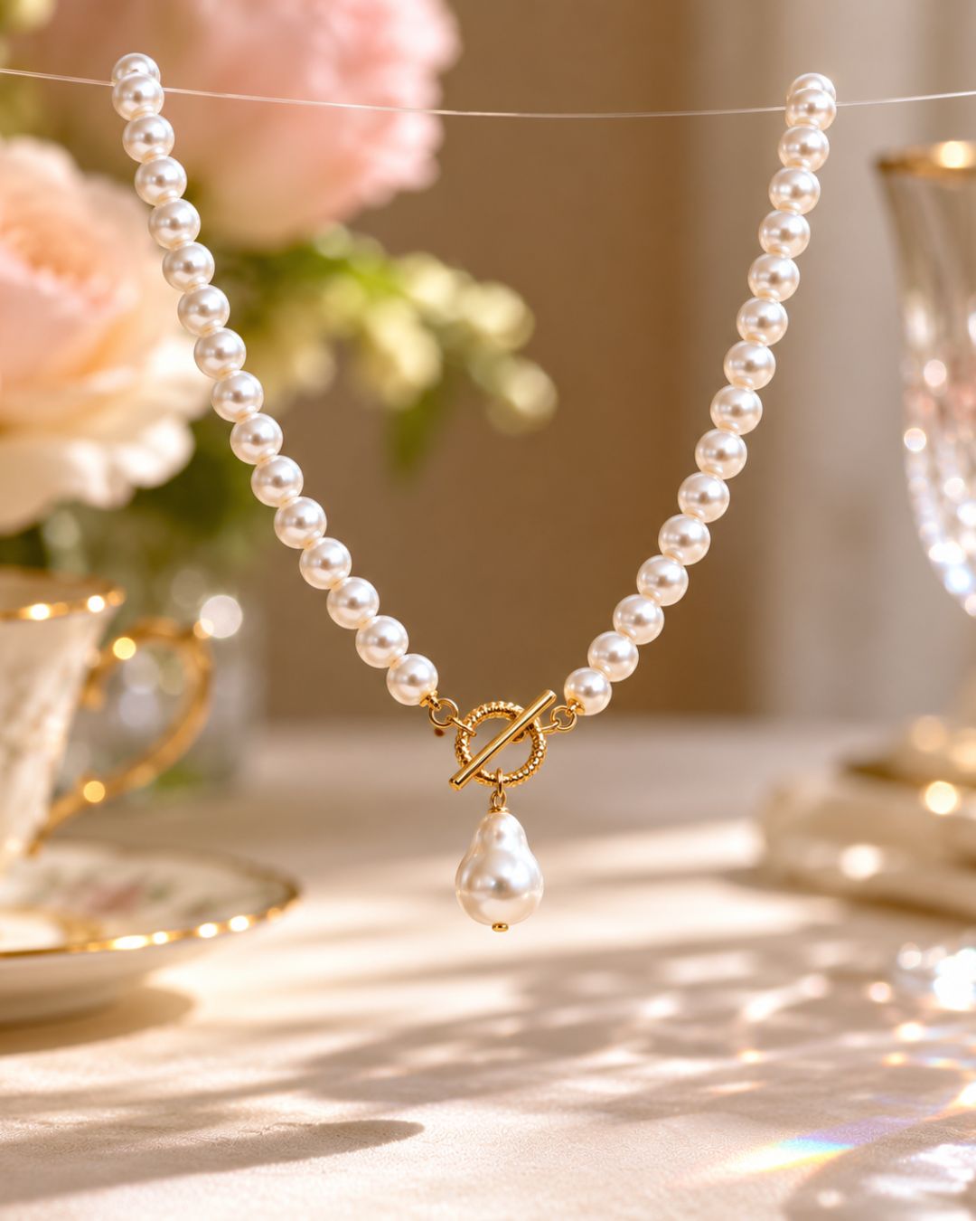Pearl necklace with a gold clasp on a decorative table setting