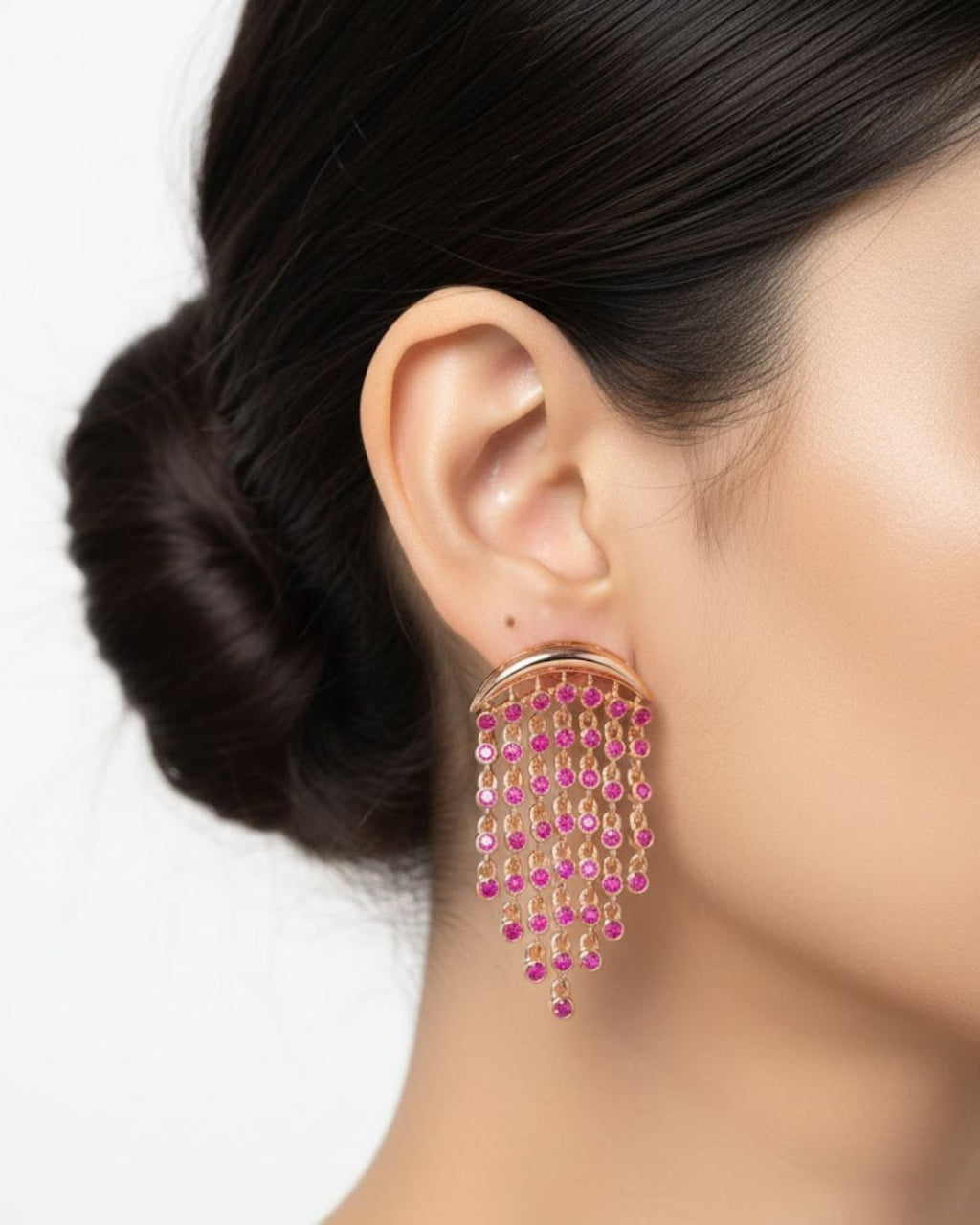 White Aura Chandelier Earrings in pink stone variant with sparkling chandelier design styling