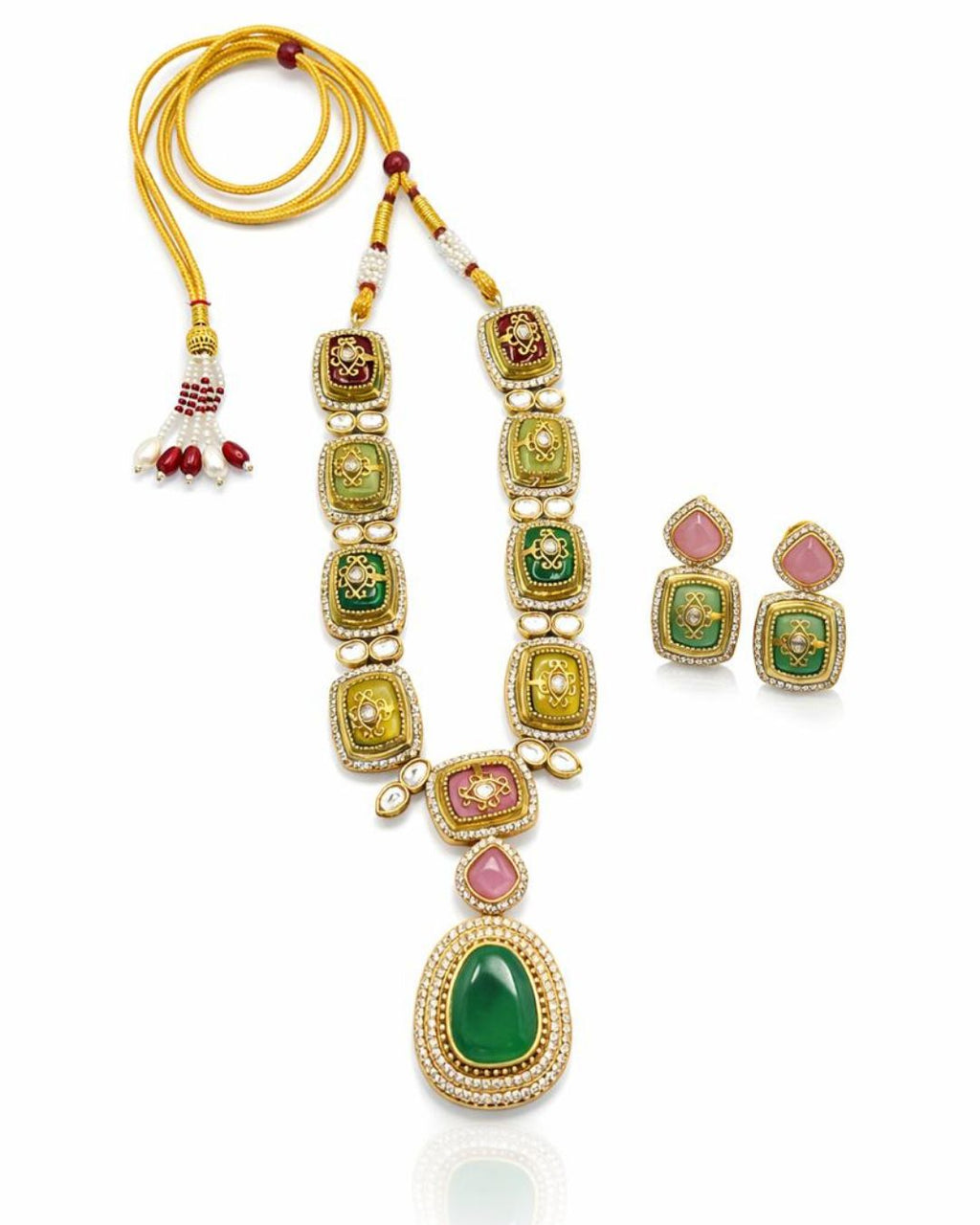 Rang Mahal multi-color Kundan statement necklace with matching earrings for bridal and festive styling

