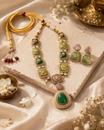 Close-up of Rang Mahal Kundan Necklace featuring colorful stones and intricate gold plated detailing