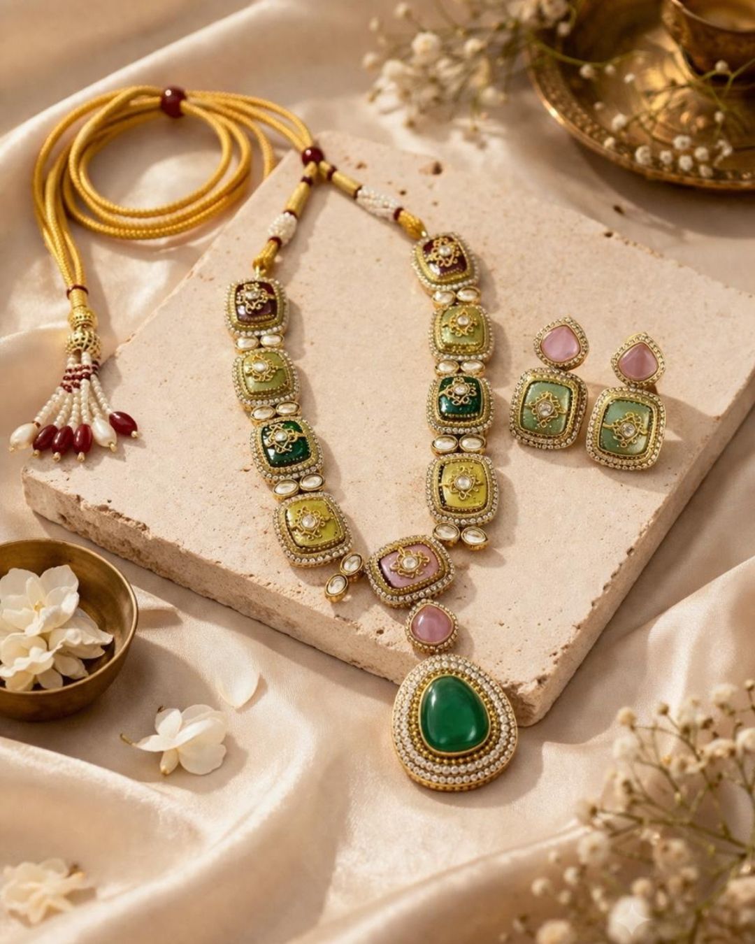 Close-up of Rang Mahal Kundan Necklace featuring colorful stones and intricate gold plated detailing