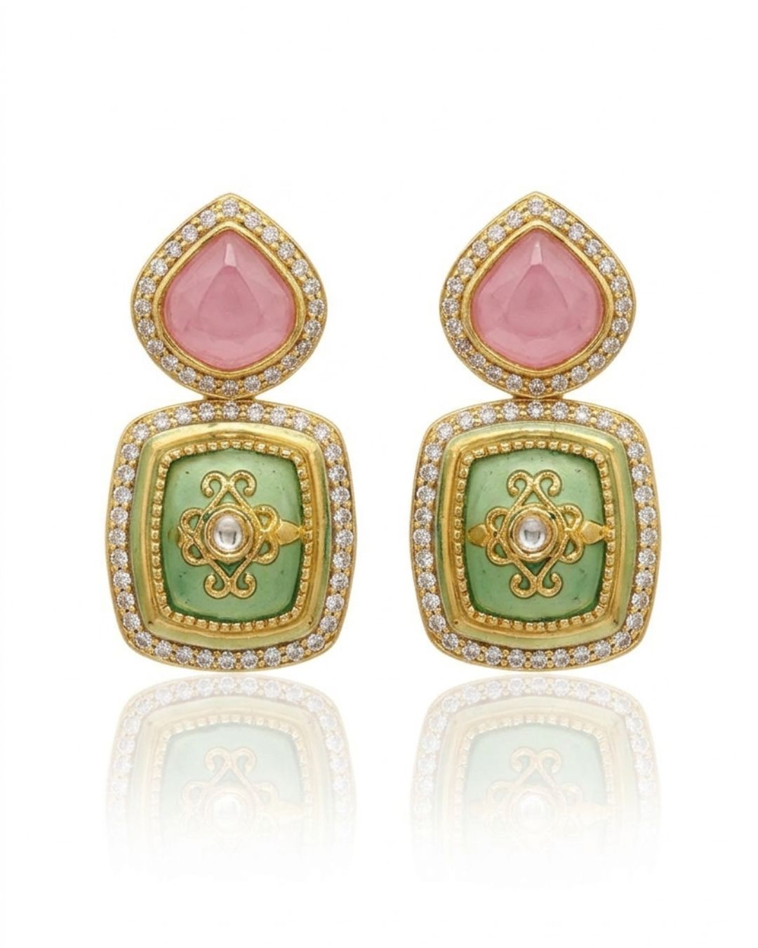 Detailed view of Rang Mahal 18K gold plated Kundan bridal statement jewelry set
