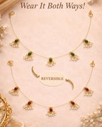Noor Reversible Red and Green Pearl Charm Wire Necklace with 18K gold plated festive design and premium waterproof pouch packaging included