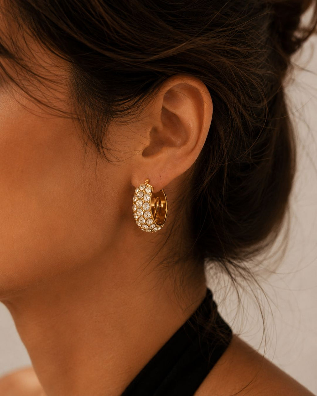 Close-up of White Rhinestone Diamond Hoops featuring diamond-inspired white rhinestone detailing