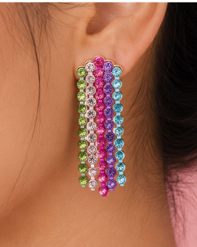 Close-up of rainbow crystal tassel earrings featuring colorful rhinestone strands Hover Image