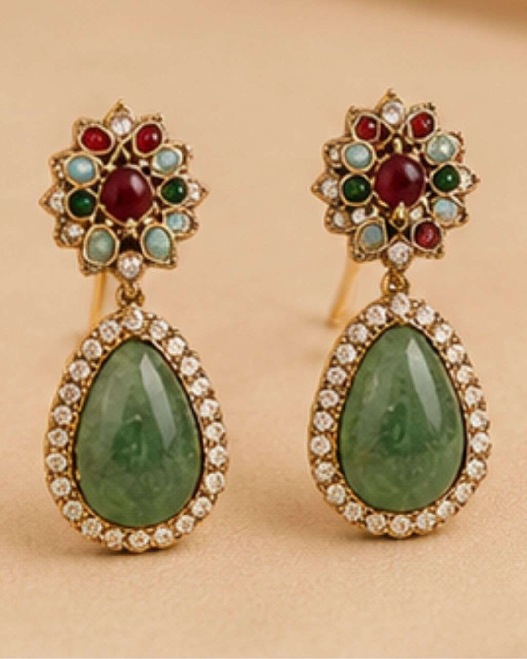 Green stoneearrings framed with delicate cz accents