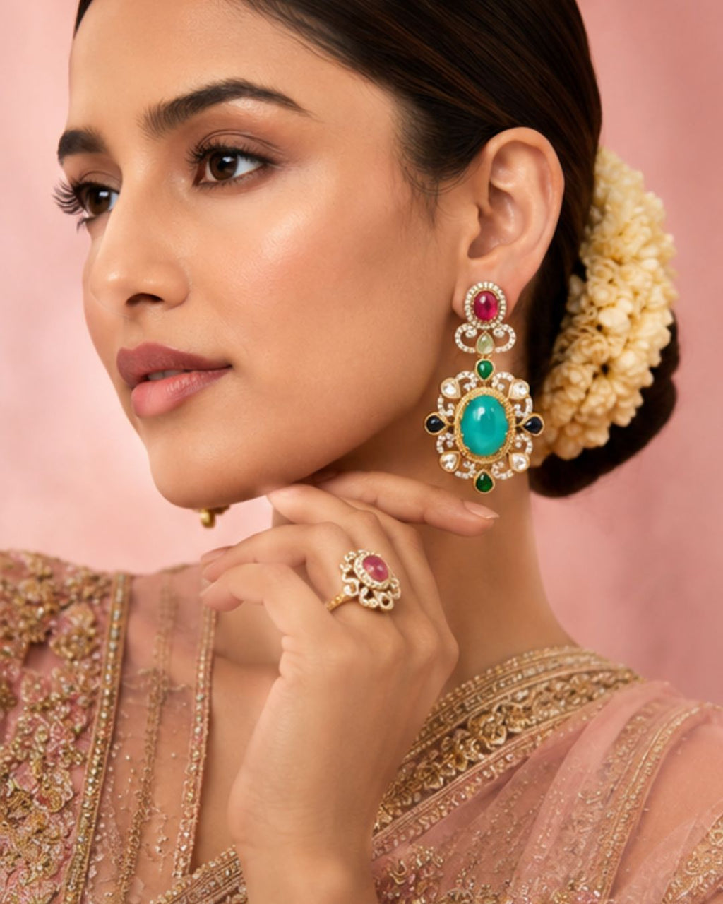 Noor Mahal heritage drop earrings with cat's eye centerpiece