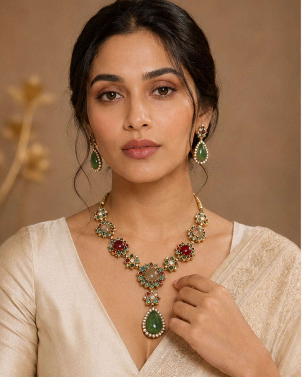 Antique gold plated statement necklace featuring floral stone detailing
