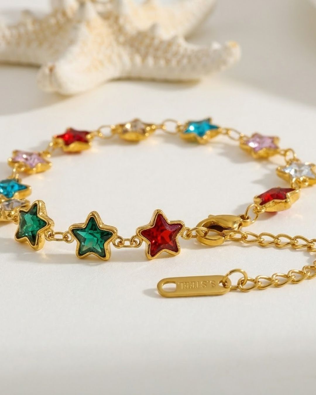 Gold bracelet with colorful star-shaped beads anti tarnish gold plated