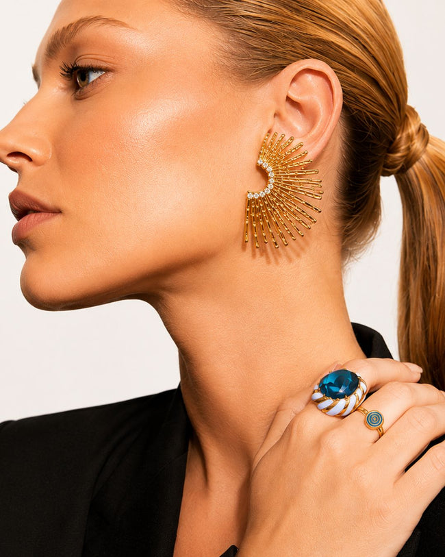 rhinestone studded 18k gold plated sun statement earrings Hover Image