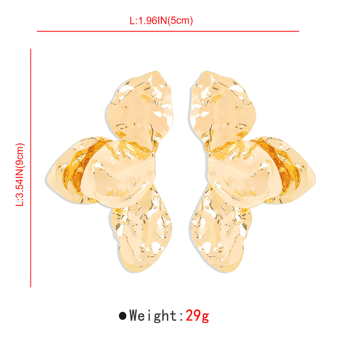 Gold earrings with measurements and weight displayed on a white background