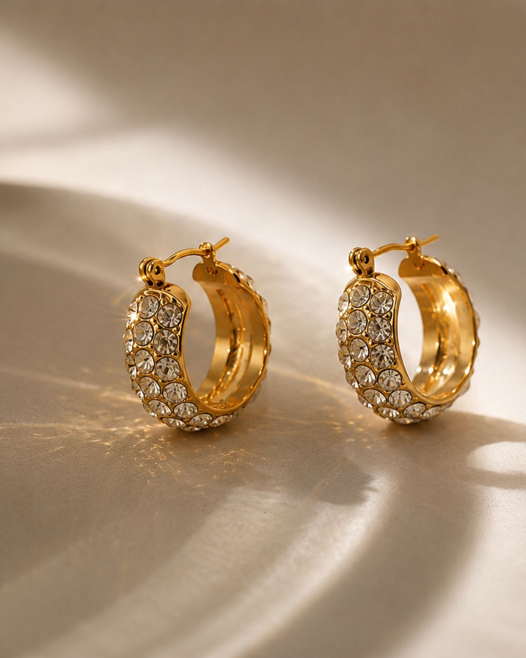 White Rhinestone Diamond Hoops with sparkling rhinestone detailing and anti-tarnish stainless steel finish